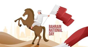 bahrain nazionale giorno bandiera con cartone animato uomo Tenere bandiera su cavallo illustrazione concetto vettore