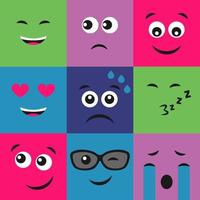 impostato di nove colorato emoticon. emoji icona nel quadrato. piatto sfondo modello. vettore illustrazione