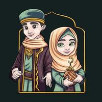 Ramadan ragazzo e ragazza illustrazione cartone animato vettore