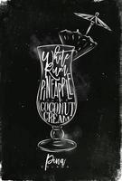 Pina colada cocktail lettering bianca Rum, ananas succo, Noce di cocco crema nel Vintage ▾ grafico stile disegno con gesso su lavagna sfondo vettore