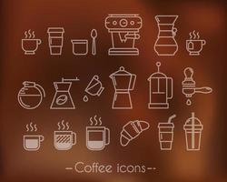 caffè icone esecuzione Linee nel minimalista stile simbolo caffè tazza, caffè, francese stampa, plastica tazze su Marrone sfondo vettore