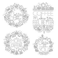 caffè icona monogrammi nel piatto stile, disegno con grigio Linee su bianca sfondo lettering caffè volta, caffè fa voi sentire meglio, Di Più di caffeina, caffè addebiti voi vettore