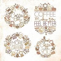 caffè icona monogrammi nel piatto stile, disegno con Marrone Linee su bianca sfondo lettering caffè volta, caffè fa voi sentire meglio, Di Più di caffeina, caffè addebiti voi vettore