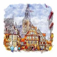 illustrazione disegnata a mano di schizzo dell'acquerello di quedlinburg germania vettore