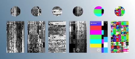 set di copertine in evidenza della storia con effetto glitch. illustrazione vettoriale
