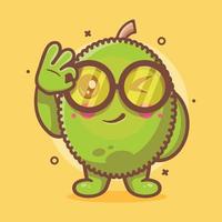 divertente jackfruit personaggio portafortuna con ok cartello mano gesto isolato cartone animato nel piatto stile design