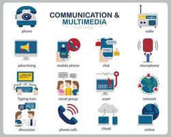 set di icone multimediali di comunicazione per sito Web, documenti, poster design, stampa, applicazione. concetto di comunicazione icona stile piatto. vettore