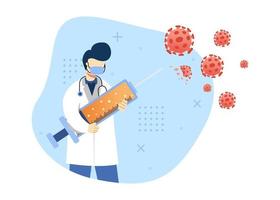 illustrazione di vettore del concetto di icona di prevenzione dei virus. medico combatte il virus con il vaccino. vaccinazione. personaggio dei cartoni animati illustrazione stile piatto.
