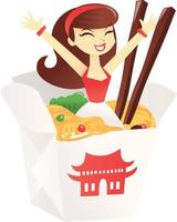 cartone animato scatola da asporto cinese con tagliatelle e ragazza vettore
