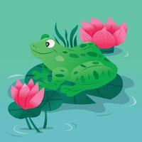 cartone animato rana verde spotty su ninfea in stagno vettore