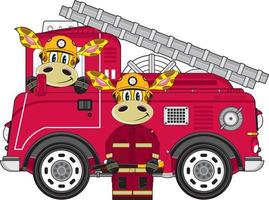 carino cartone animato giraffa pompiere e fuoco motore vettore