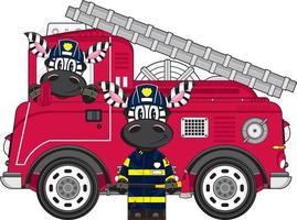 carino cartone animato zebra pompiere e fuoco motore vettore