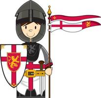 carino cartone animato coraggioso medievale cavaliere con scudo e bandiera vettore