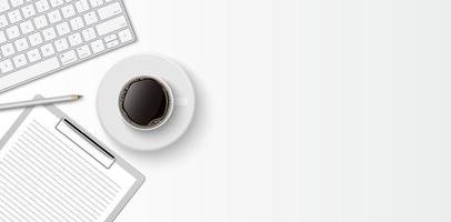 spazio di lavoro minimo piatto laici, scrivania da ufficio vista dall'alto con tastiera del computer, appunti e tazza di caffè su sfondo di colore bianco con spazio di copia, illustrazione vettoriale