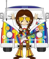 cartone animato anni sessanta hippie personaggio con elettrico chitarra e camper furgone vettore