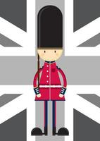 cartone animato Britannico beefeater reale guardia su unione Jack bandiera vettore