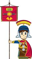 carino cartone animato romano centurione con bandiera bandiera storia illustrazione vettore