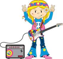 cartone animato anni sessanta hippie ragazza con elettrico chitarra e amp vettore