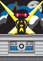 cartone animato mascherato eroico supereroe nel silhouette su tetto vettore