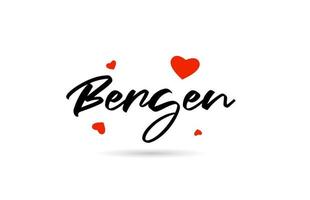 Bergen manoscritto città tipografia testo con amore cuore vettore