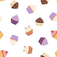 senza soluzione di continuità modello con delizioso Cupcake nel cartone animato stile. vettore sfondo con dolci, dolce, pasticcini