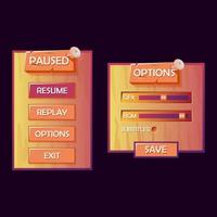 kit di gioco ui in legno pop-up. menu in pausa e opzioni per illustrazione vettoriale di giochi gui 2d