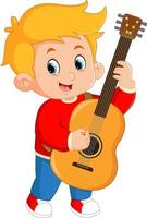 un' carino ragazzo impara per giocando chitarra e cantando vettore
