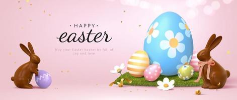 Banner di pasqua 3d con conigli di cioccolato e bellissime uova dipinte poste sull'erba. concetto di caccia alle uova di Pasqua o arte della decorazione delle uova. vettore