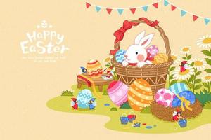 contento Pasqua coniglietto sfondo. carino coniglio nascondiglio nel un' cestino e mini fate pittura uova nel bellissimo giardino. vettore