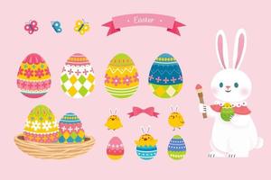 collezione di carino Pasqua elementi, Compreso coniglio, nido, uova con floreale modelli. adatto per Pasqua evento decorazione. vettore