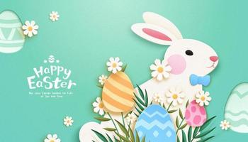 contento Pasqua coniglietto sfondo nel carta tagliare design. carino coniglio decorato con foglie, fiori e dipinto uovo ornamenti. vettore