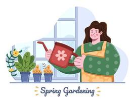 attività di giardinaggio primaverile a casa illustrazione con persona che innaffia piante o fiori in vaso. giardinaggio domestico nella stagione primaverile. lavori di giardinaggio adatti per biglietti di auguri, cartoline, banner, sito Web, poster, flyer vettore