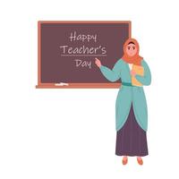 musulmano femmina insegnante a aula vicino lavagna. formazione scolastica, conferenza e lezione a scuola. vettore