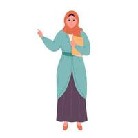 musulmano donna nel hijab con libro. scuola insegnante, bibliotecario, attività commerciale donna. vettore