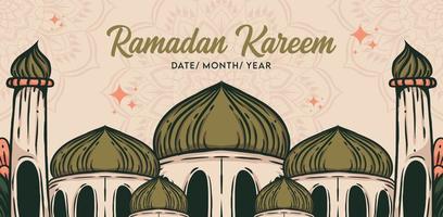 bandiera modello per Ramadan con moschea mano disegnato vettore illustrazione