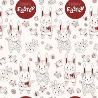 felice pasqua seamless pattern. modello di Pasqua di conigli-ragazzi e ragazze-lepri, uova decorative, uccelli e farfalle su uno sfondo chiaro. illustrazione vettoriale. linea rossa, contorno vettore