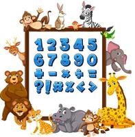 numero da 0 a 9 e simboli matematici sul banner con animali selvatici vettore