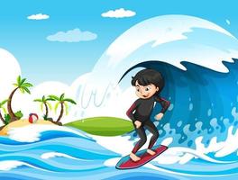 grande onda nella scena dell'oceano con la ragazza in piedi su una tavola da surf vettore