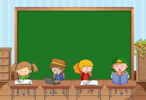 lavagna vuota nella scena della classe con molti bambini doodle personaggio dei cartoni animati vettore