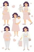 set vettoriale di maternità e gravidanza. donna incinta felice abbraccia la sua pancia con le mani, con un mazzo di fiori, con un neonato, borse, in un vestito e pantaloni. illustrazione piatta