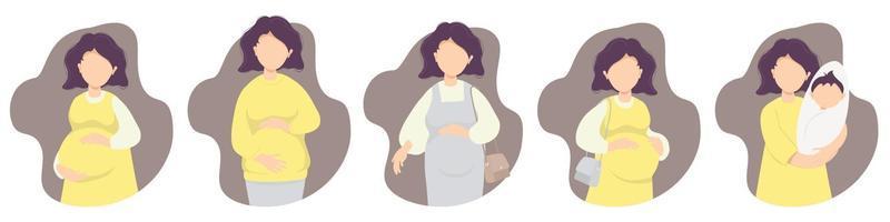 maternità. gravidanza. set vettoriale cara donna incinta felice - abbraccia delicatamente la sua pancia con le mani in vestiti diversi e con un neonato. illustrazione vettoriale. illustrazione piatta