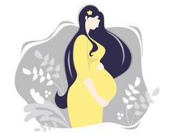 maternità. donna incinta felice in un vestito giallo, abbracciando teneramente la sua pancia con le mani, su uno sfondo grigio con un decoro di rami e piante. illustrazione vettoriale