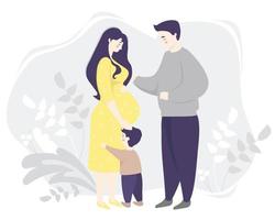 maternità. donna incinta felice in piena crescita in un vestito giallo, abbraccia delicatamente la sua pancia. accanto a lei c'è la famiglia: figlio e marito. sfondo decorativo grigio con piante. illustrazione vettoriale