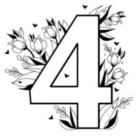 numero di fiori. motivo floreale decorativo numeri quattro. grande 4 con fiori, boccioli, rami, foglie e cuori. Illustrazione vettoriale su sfondo bianco. linea, contorno. per biglietti di auguri, design, arredamento