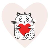 simpatico gatto bianco divertente con un cuore rosso tra le zampe su uno sfondo di cuore rosa. illustrazione vettoriale. simpatico animale per design, decorazione, biglietti di San Valentino vettore