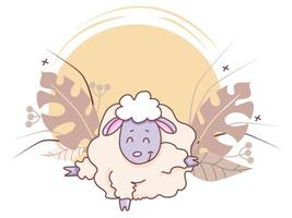 tempo di yoga per animali domestici. un agnello carino sta facendo yoga, in piedi in un asana, allungato e sollevato gli zoccoli. illustrazione vettoriale su uno sfondo decorativo con foglie tropicali, bacche e decorazioni