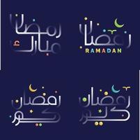 Ramadan kareem calligrafia nel lucido bianca con colorato illustrazioni di islamico moschee e lanterne vettore