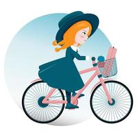 un' ragazza su un' bicicletta con un' valigia e libri vettore