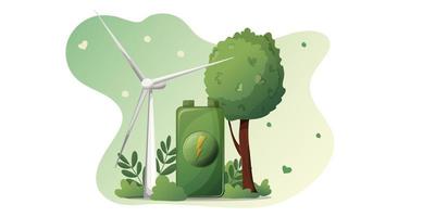 concetto rinnovabile, verde energia pianeta. mulino a vento, batteria, albero, terra giorno. protezione di natura. vettore