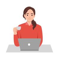 ragazza opera a il computer portatile pc potabile caffè a posto di lavoro. giovane femmina libero professionista opera a progetto all'aperto a coworking spazio, caffè negozio. libero professionista occupazione concetto vettore